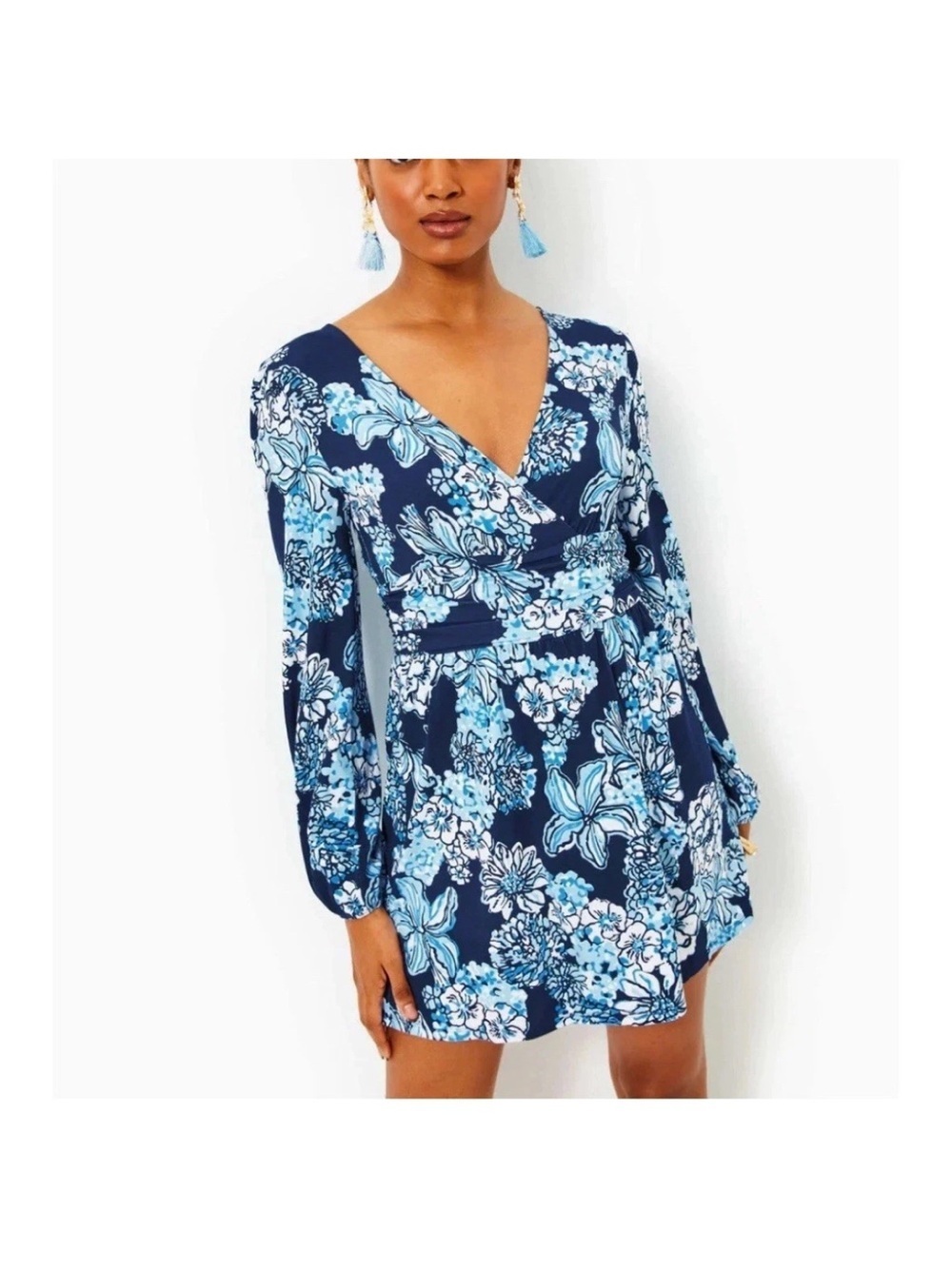 Lilly Pulitzer Riza Long-Sleeved Romper in “Low Tide Navy Bouquet All Day” NWT